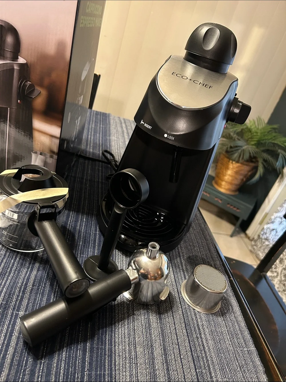 Brand new 5 piece Eco+Chef Black Cappuccino Espresso Maker in original box.